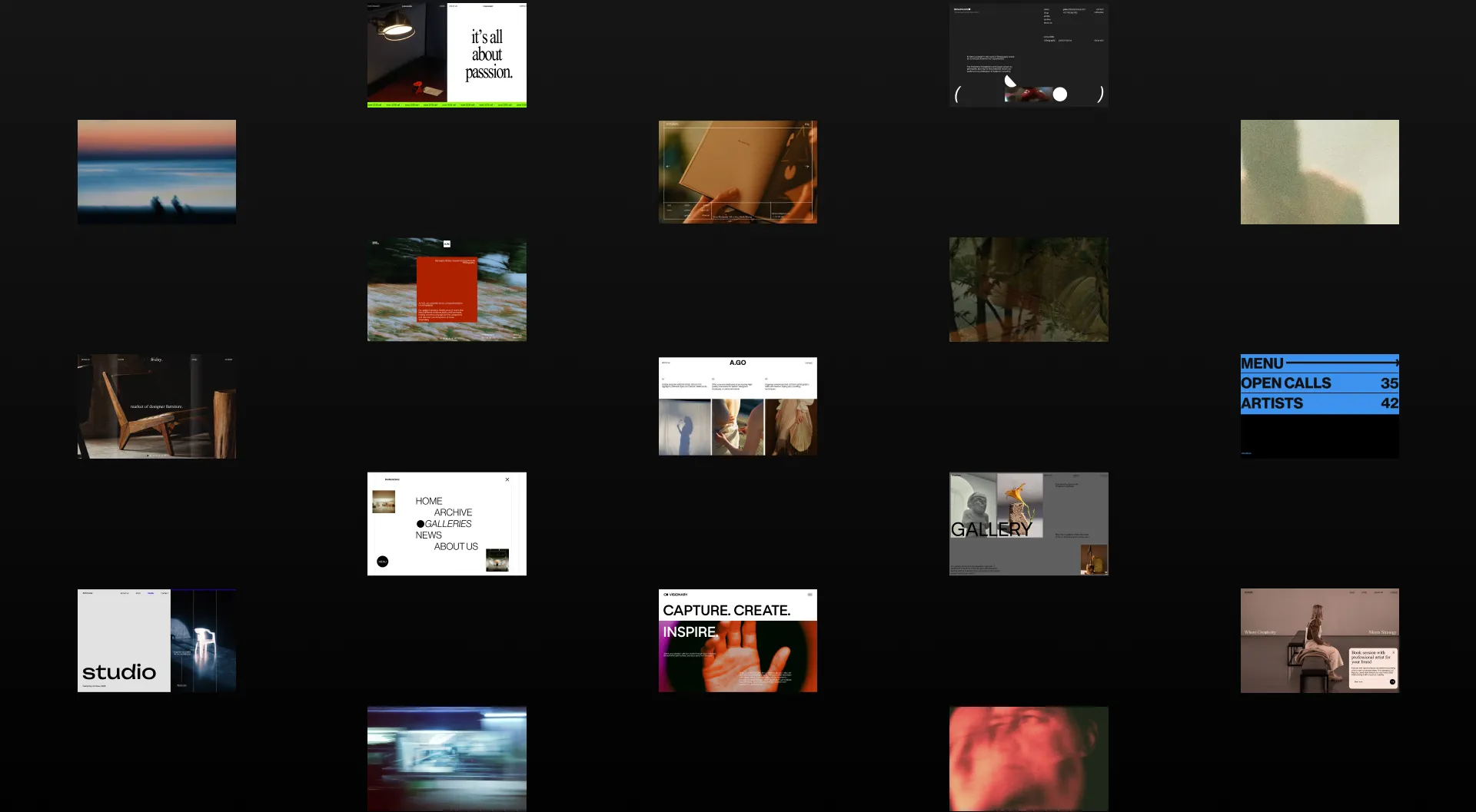 A minimalist studio scene with a dark dome table lamp placed on a sculptural piece of driftwood against a warm orange background, shown alongside a website layout featuring abstract red curved forms and a simple navigation bar reading about us, artists, shop and contact with the word friday centered at the top.