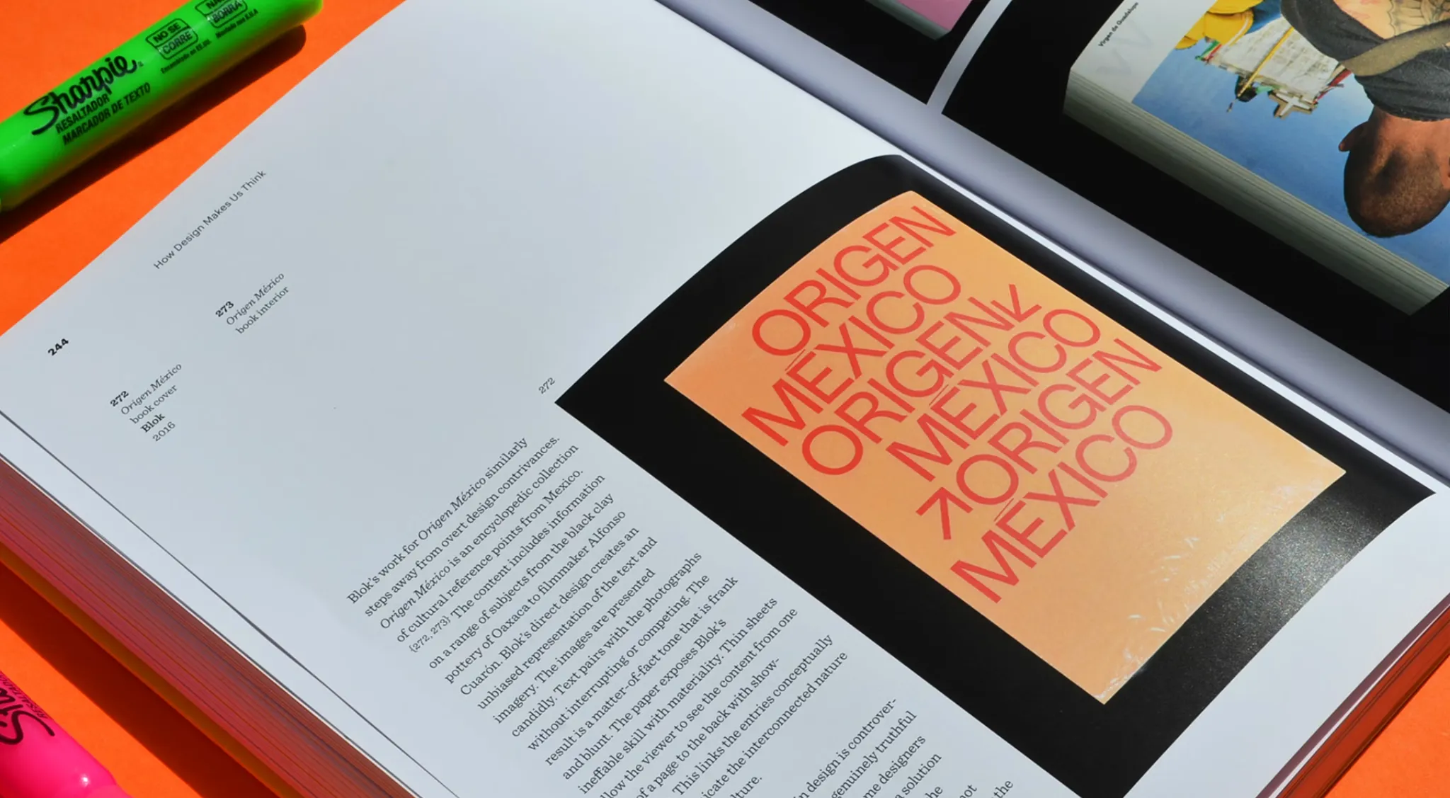An open design book laid on a bright orange surface featuring a page with the title “Origen Mexico” in bold red typography, surrounded by neon highlighters and printed images, creating a vibrant editorial workspace scene