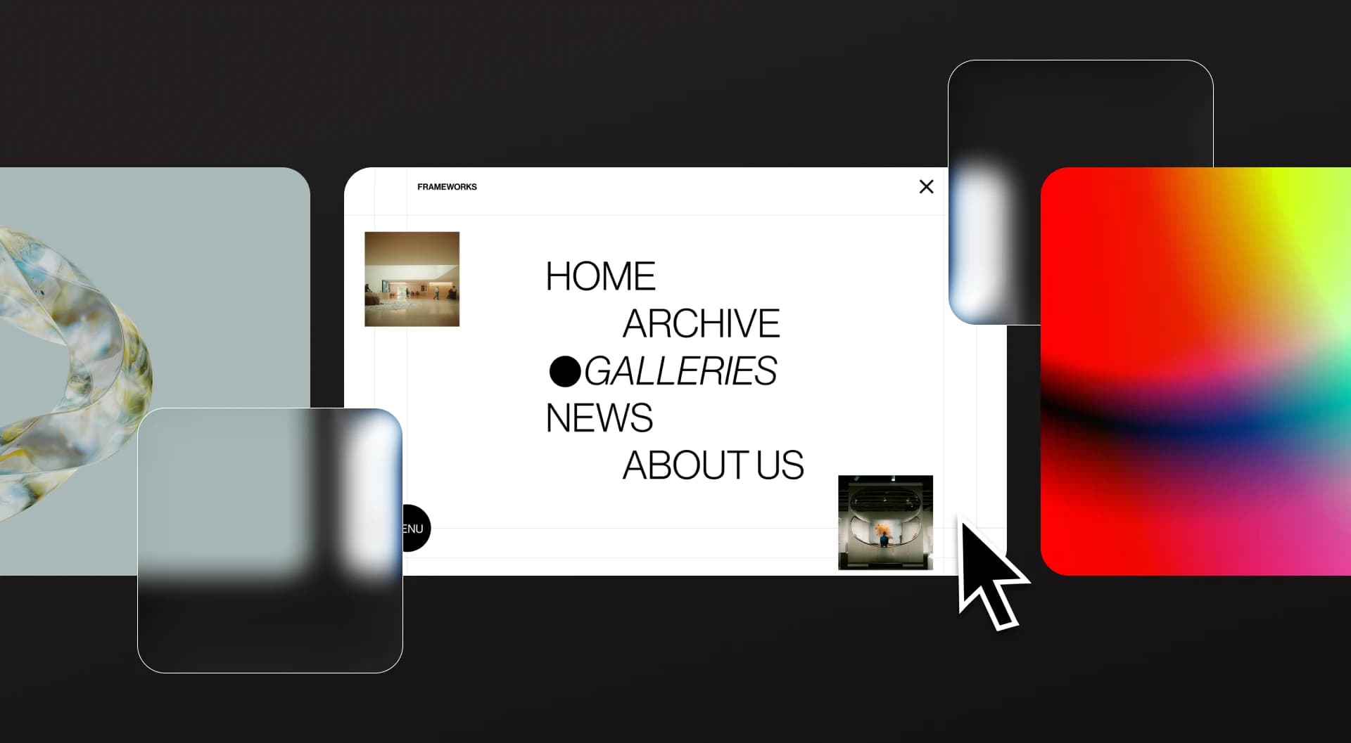 A stylized gallery website interface with a centered navigation panel listing “Home, Archive, Galleries, News, About Us.” Translucent glass panels and a vivid gradient card float around it on a dark background, with a large cursor pointing toward a gallery preview thumbnail.