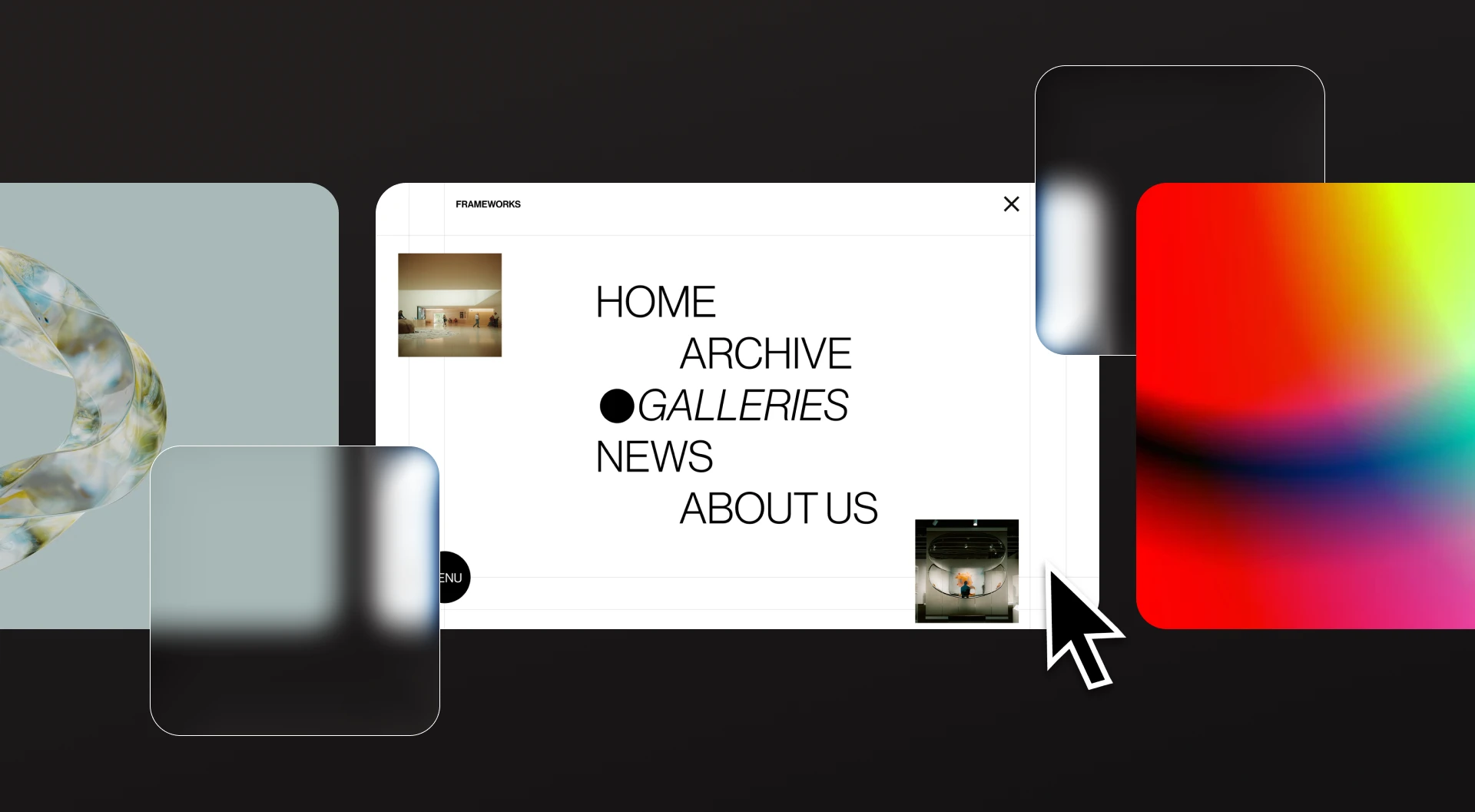 A stylized gallery website interface with a centered navigation panel listing “Home, Archive, Galleries, News, About Us.” Translucent glass panels and a vivid gradient card float around it on a dark background, with a large cursor pointing toward a gallery preview thumbnail.