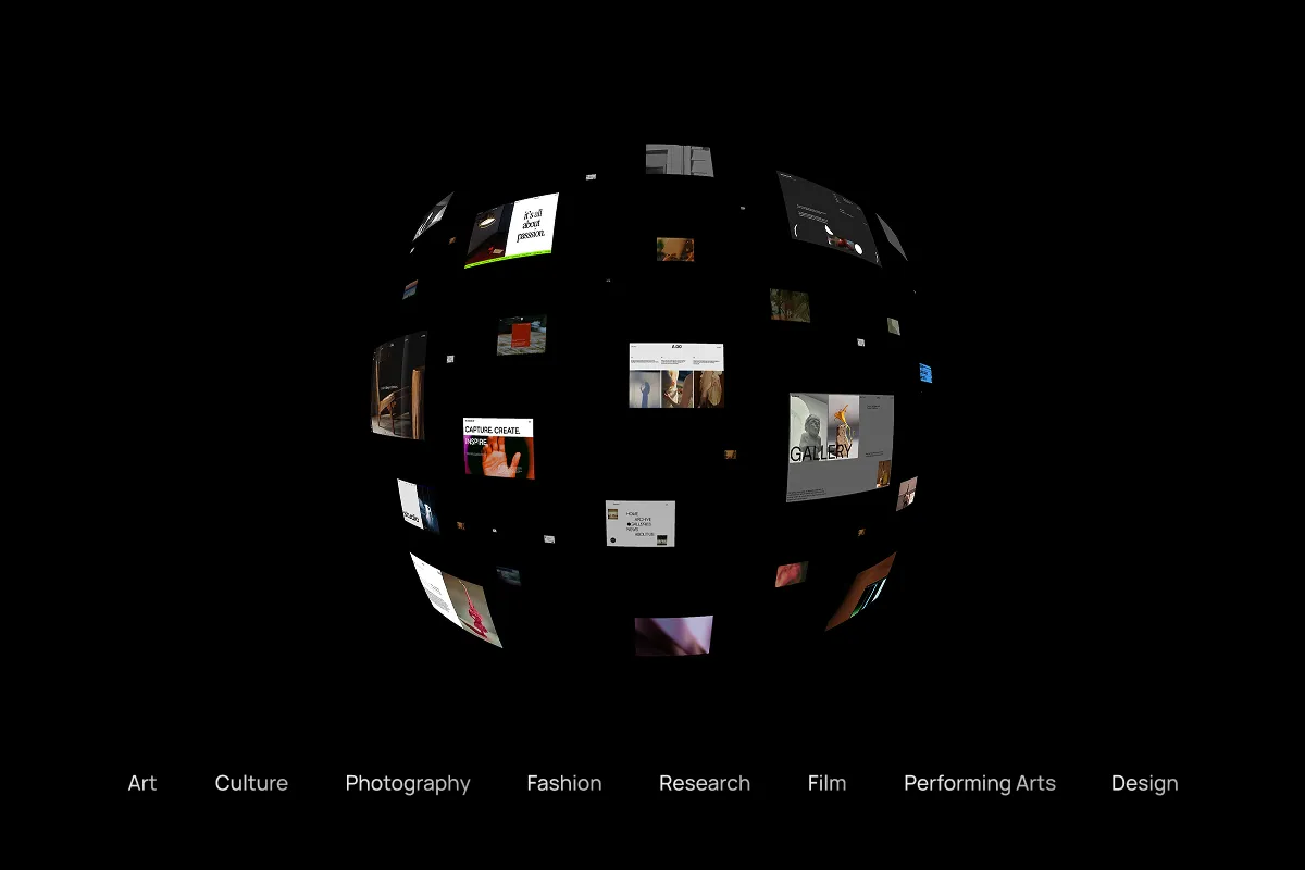 3D globe of creative websites showcasing art, culture, photography, fashion, film, and design categories on WeDirectory, representing global digital visibility and discovery.