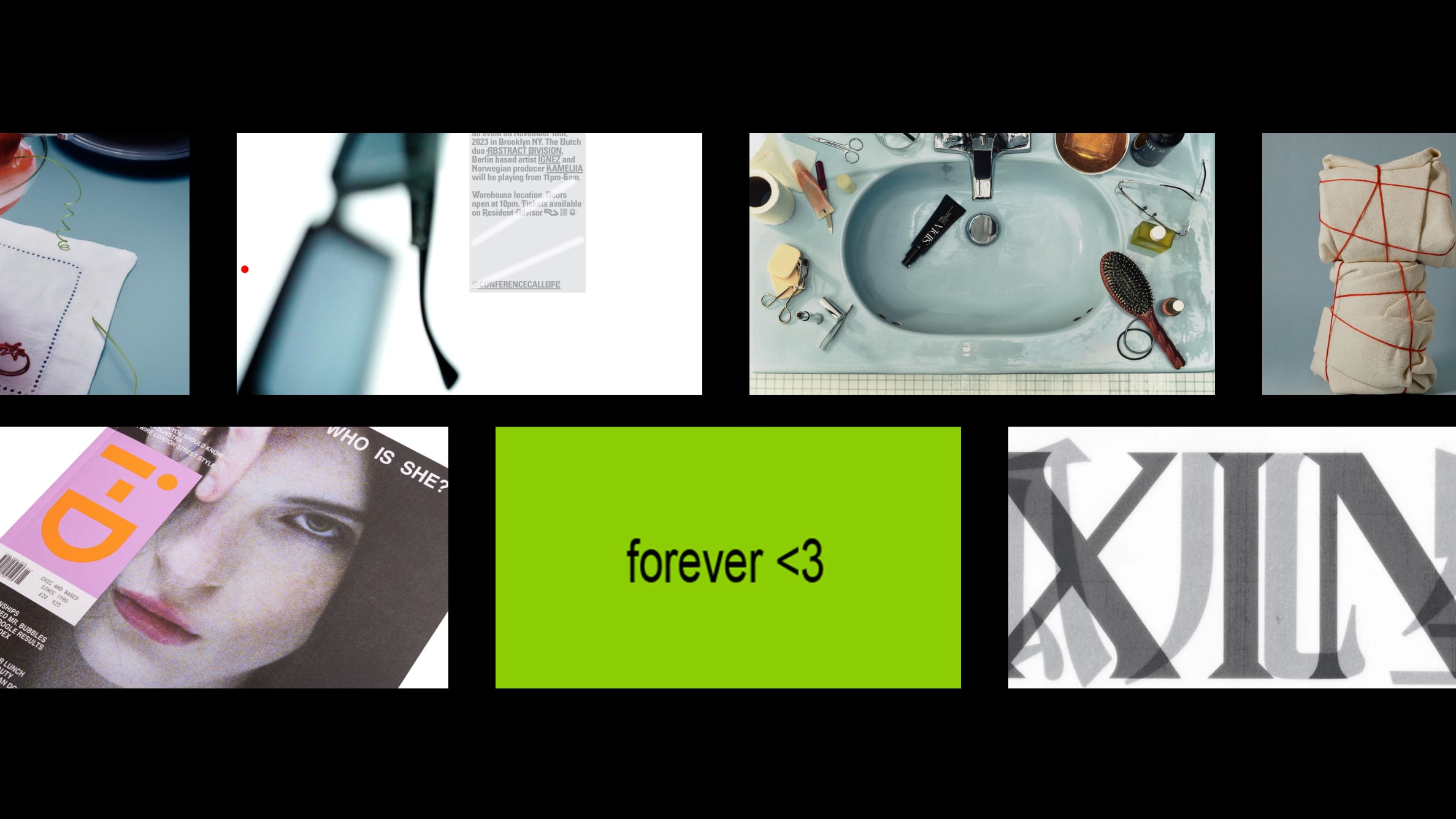 Collage featuring i-D magazine cover, green forever heart card, bathroom sink flatlay, and abstract typography