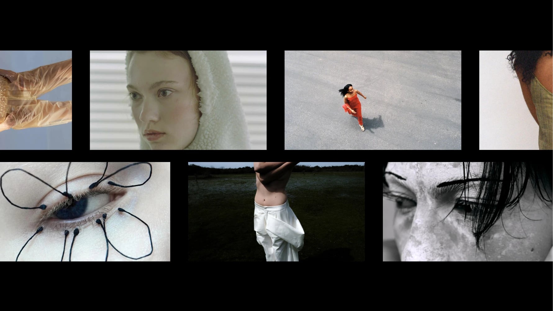 Editorial fashion collage with close-up portraits, aerial red-dress figure, surreal eye with black threads, monochrome details