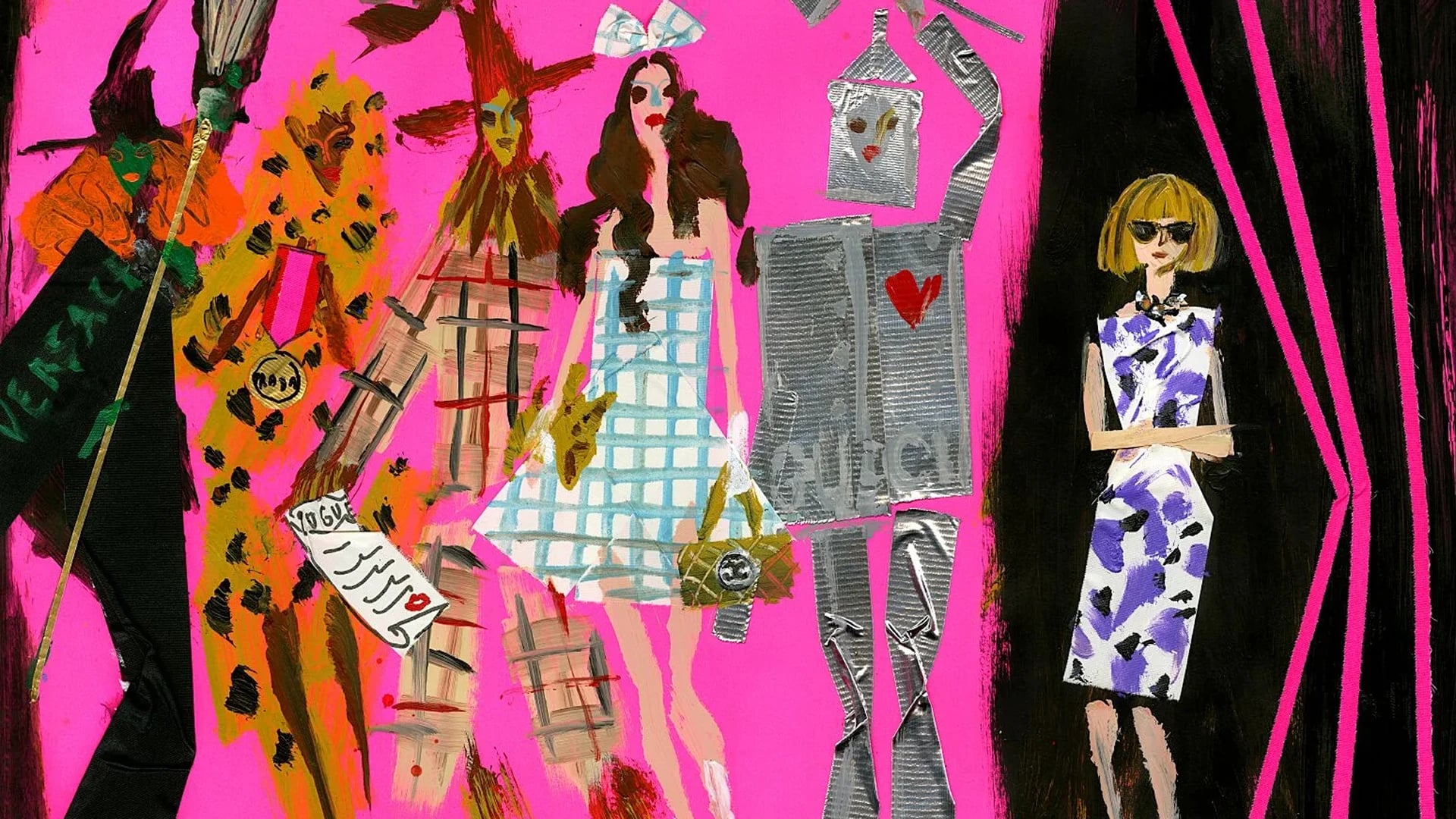 Donald Robertson's 'Wintour of Oz' fashion illustration: Wizard of Oz characters reimagined in Versace, Gucci, and editorial style on hot pink.