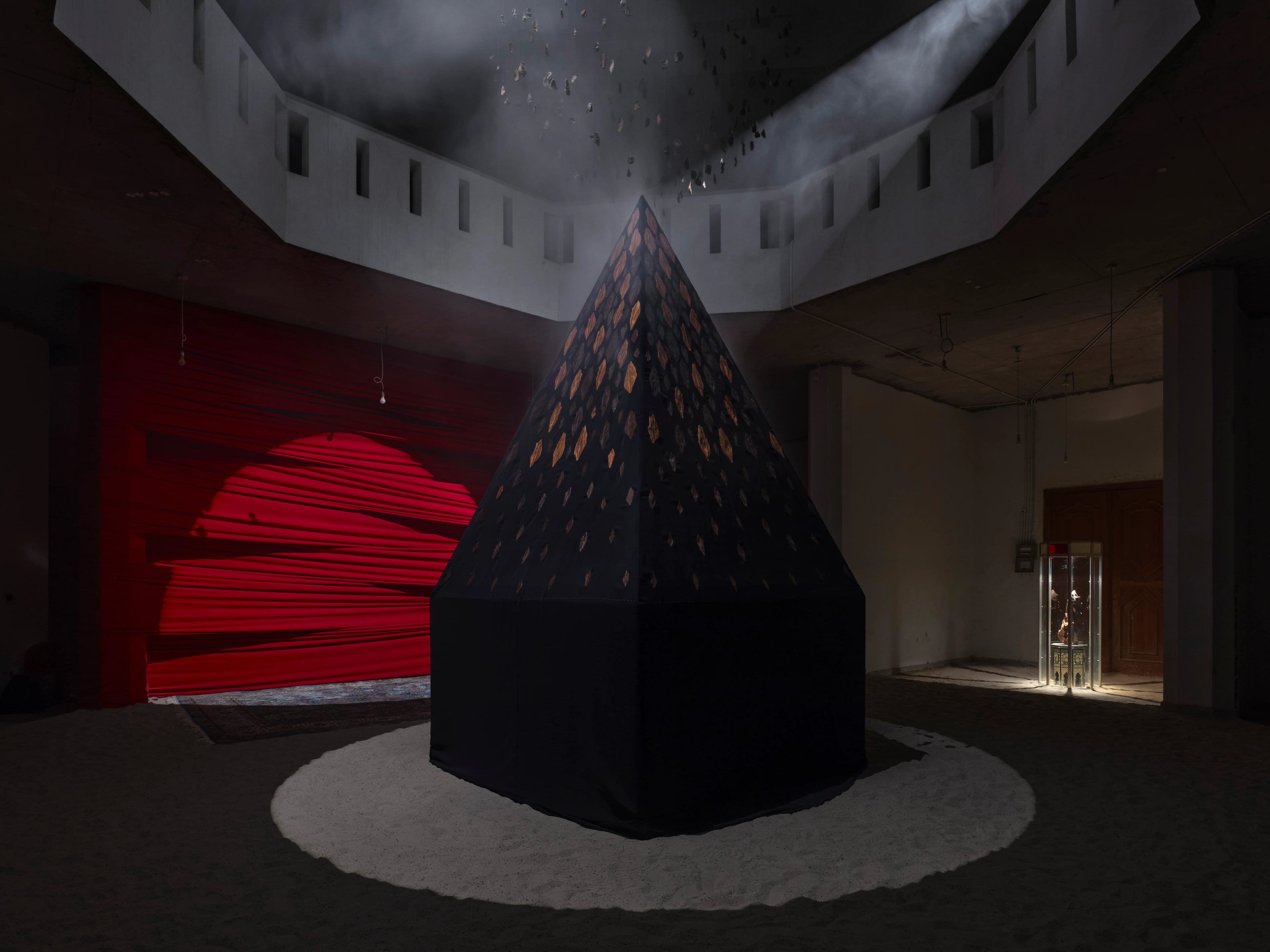 Departed Soul incense burner installation, dark pyramid form with gold motifs, ASBAR 2026 contemporary art exhibition