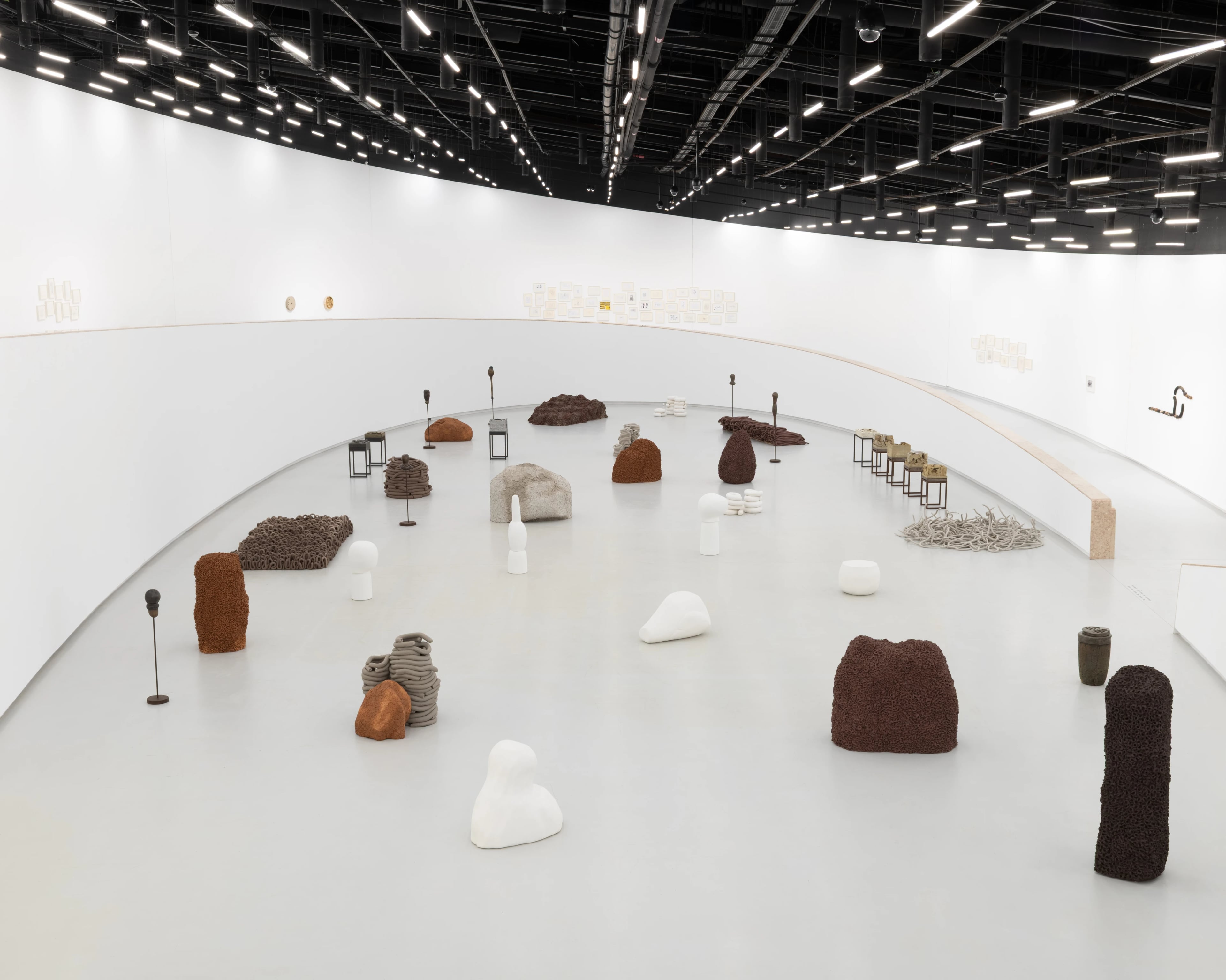 Anna Maria Maiolino Poetic Earth exhibition at MAAT, sculptural forms in earth tones arranged across curved white gallery space.