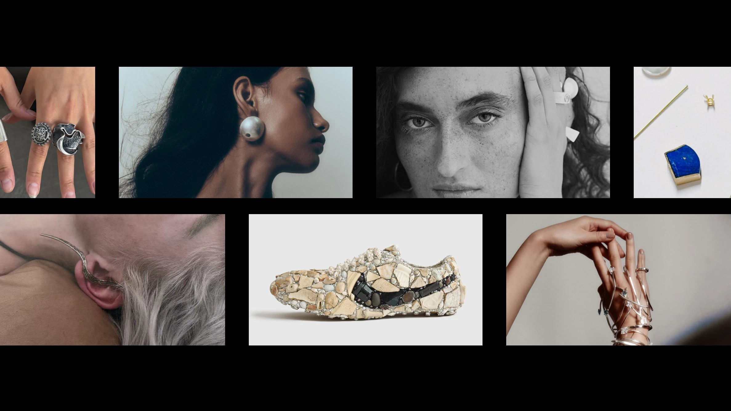 Editorial fashion collage featuring sculptural jewelry, oversized pearl earrings, stone-textured Nike sneaker, and layered rings