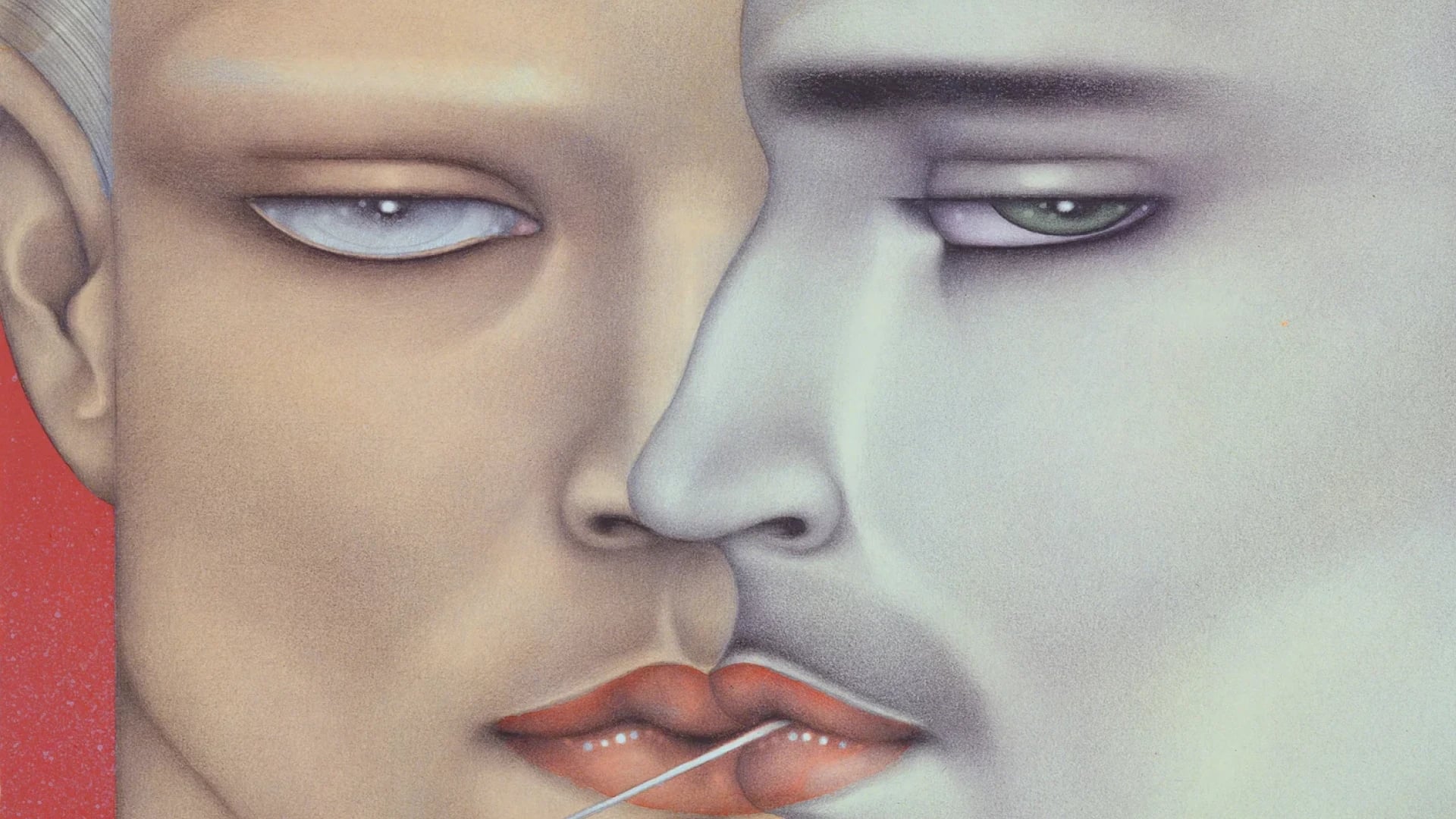 Mel Odom surrealist painting of two androgynous faces merging, one warm-toned with red lips, one cool gray-green