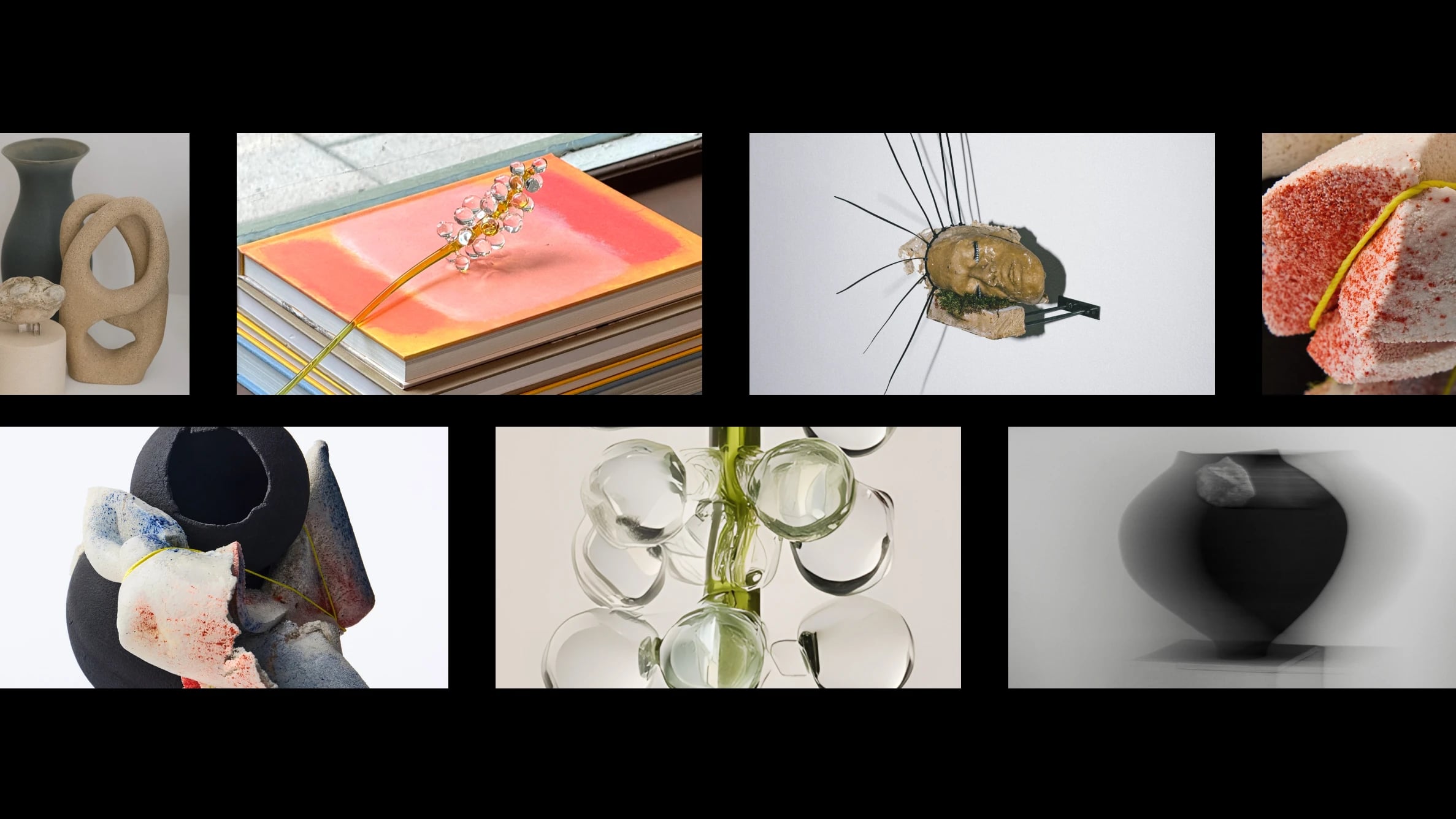 Contemporary ceramic and glass sculptures by Ceramic 47, MANU, Ambra Castagnetti, and Miriam Cernuda exploring material-led form