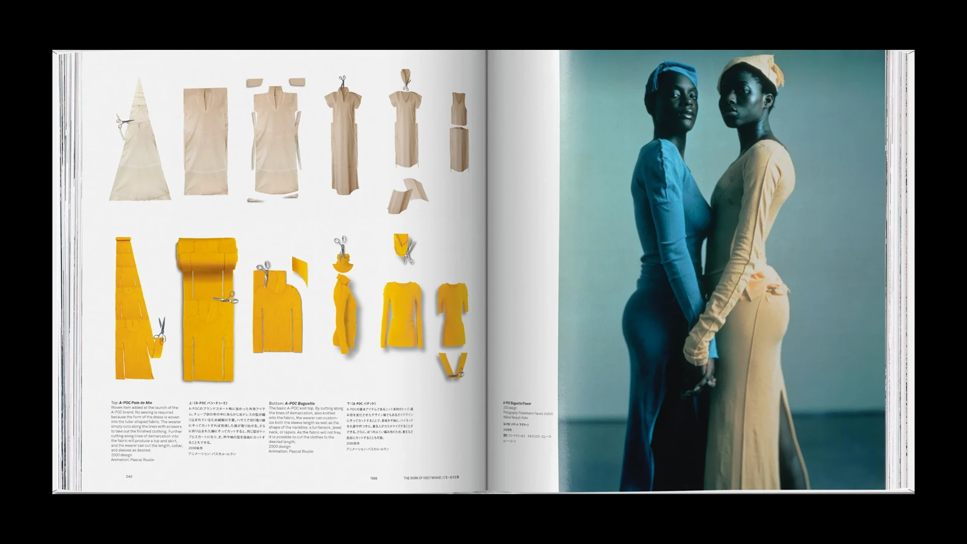 Taschen Issey Miyake book spread showing mustard yellow dress pattern pieces beside two models in sculptural designs