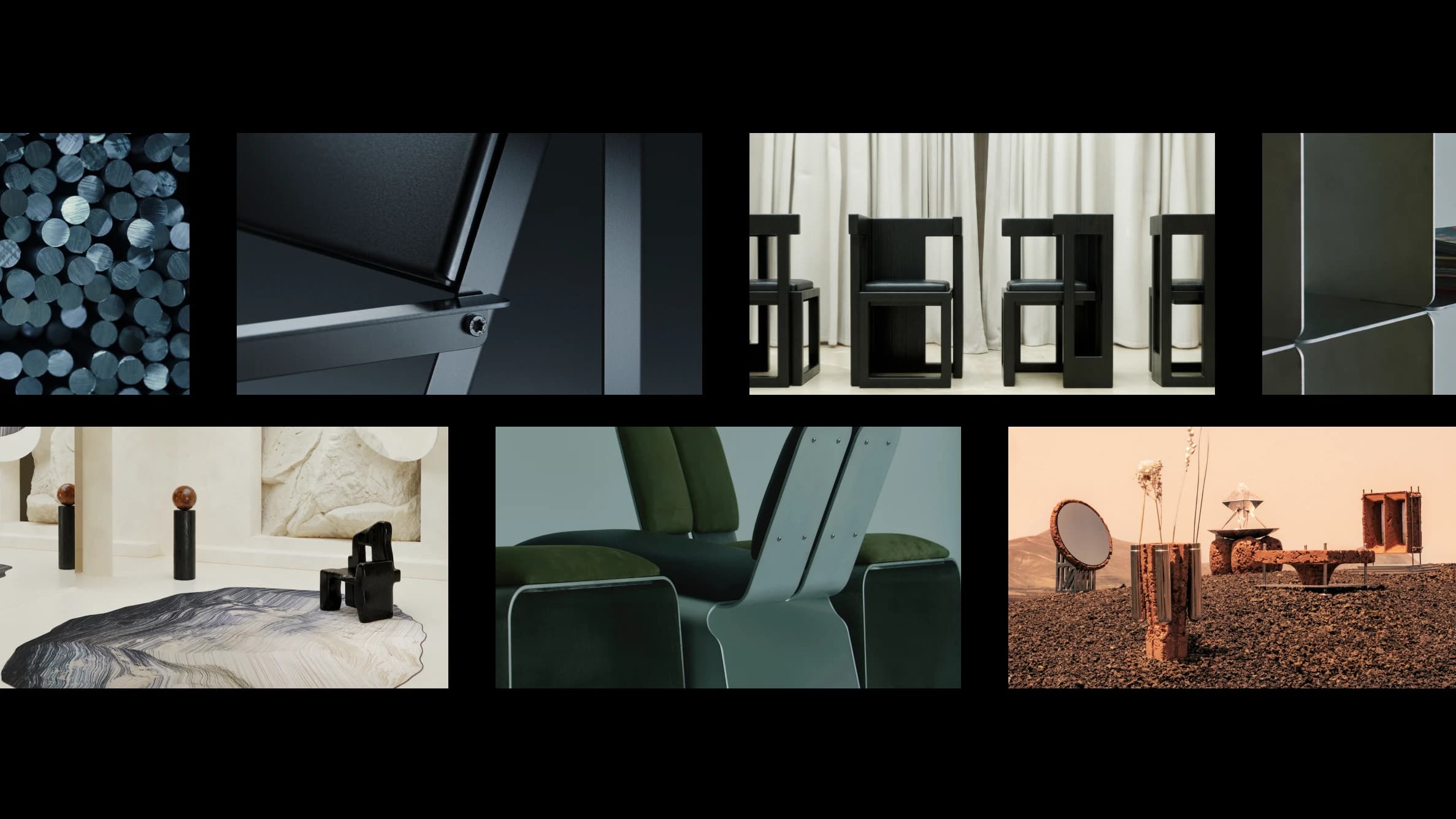 Contemporary furniture design collage featuring black chairs, upholstered seating, sculptural objects, and avant-garde outdoor installations