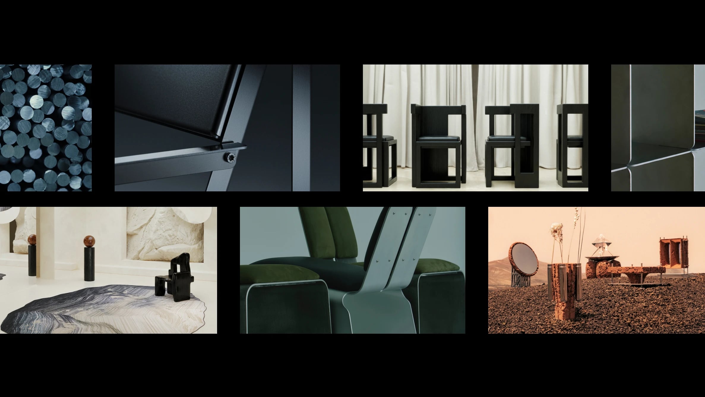 Contemporary furniture design collage featuring black chairs, upholstered seating, sculptural objects, and avant-garde outdoor installations