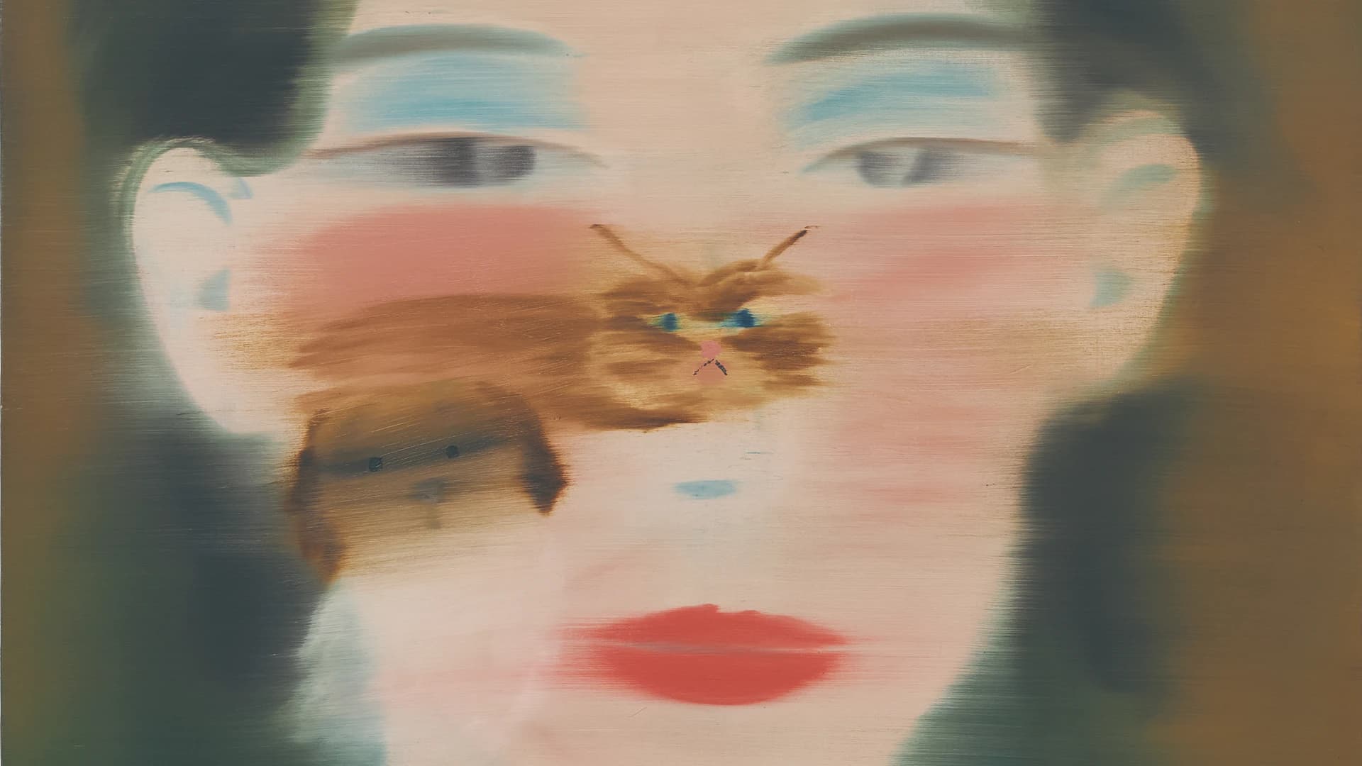 Yu Nishimura, Gaze, 2023 — oil on canvas portrait with blurred face, blue eyeshadow, red lips, and moth motif